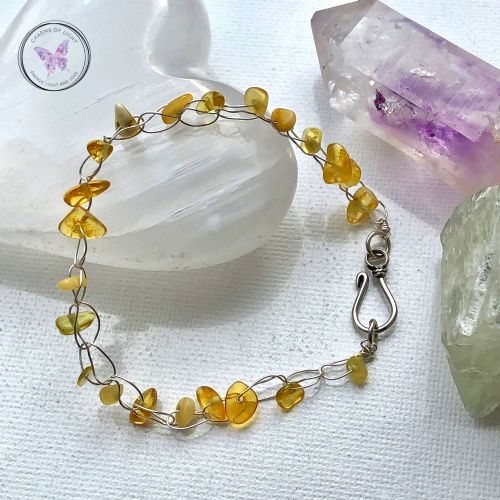 Baltic Amber Chip Silver Crochet Healing Bracelet